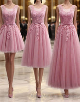 Pink Round Neck Lace Tulle Semi Formal Prom Dress, Lace Evening Dresses